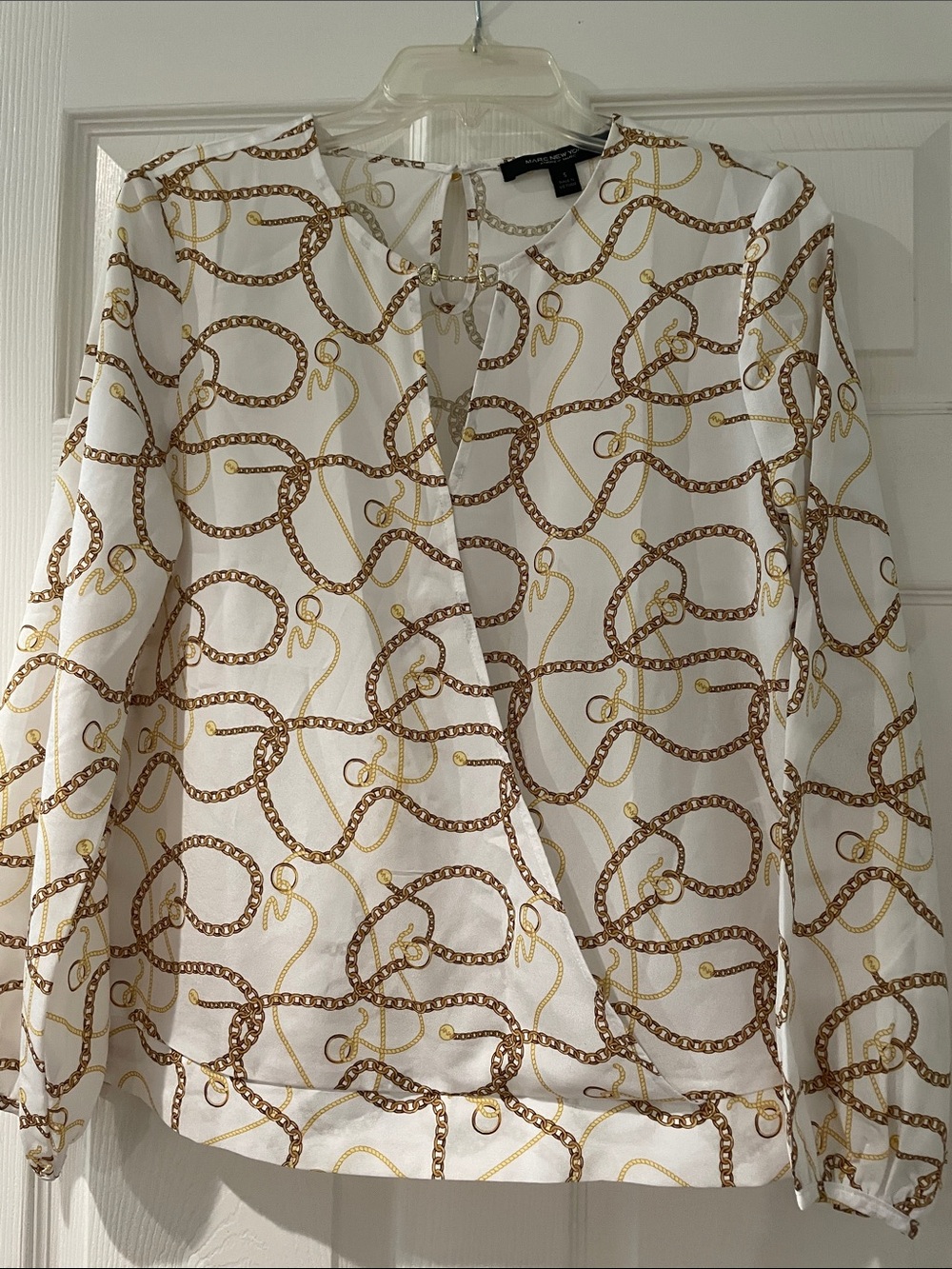 Marc New York White Equestrian printLong-Sleeve Blouse w/Horse Bit Gold Accent.
